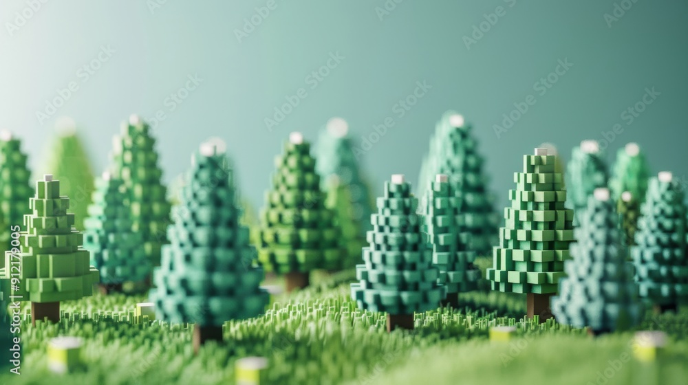 A green background featuring pixel-style 3D cartoon trees A green background featuring pixel-style 3D cartoon trees