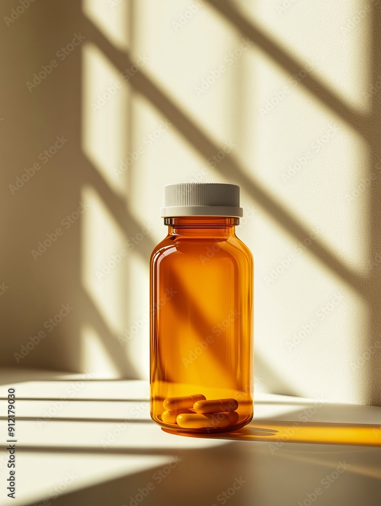 A bottle of pills sitting on a table next to a window A bottle of pills sitting on a table next to a window