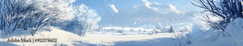 Frosty Vista: A High-Resolution Hand-Drawn Illustration of Nature's Tranquility in a Snow-Covered World, Capturing the Season's Charm with Unique Warmth in Anime Style. photo