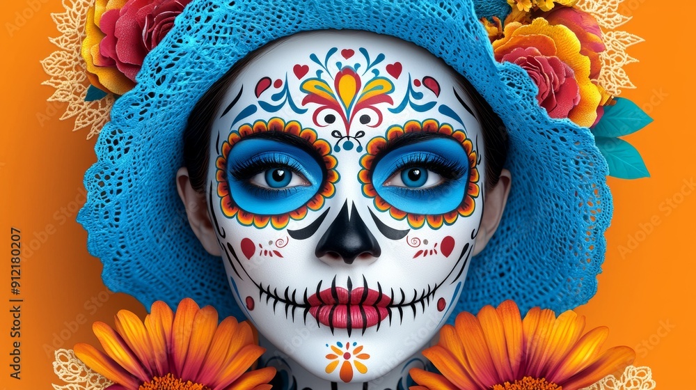 a woman with a blue hat and flowers a woman with a blue hat and flowers