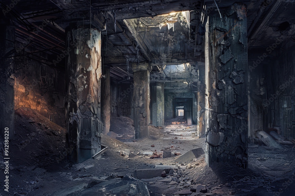 Fototapeta premium Sunbeam Illuminating a Fire-Damaged Hallway