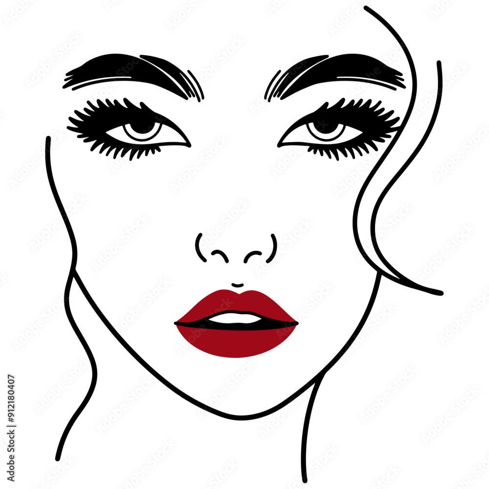Stylish Female Faces Line Art Woman Red Lip Girls' Facial Expressions Stylish Female Faces Line Art Woman Red Lip Girls' Facial Expressions