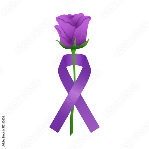Vector illustration of purple rose with purple ribbon on transparent background