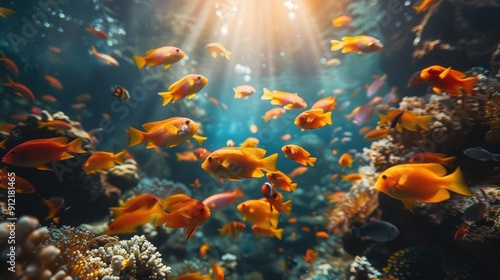 Underwater Paradise: A School of Fish in Sunlit Coral Reef