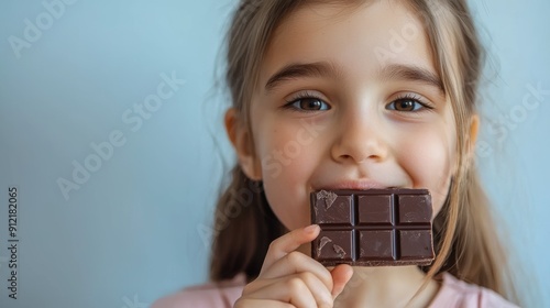 a little girl eating a chocolate bar