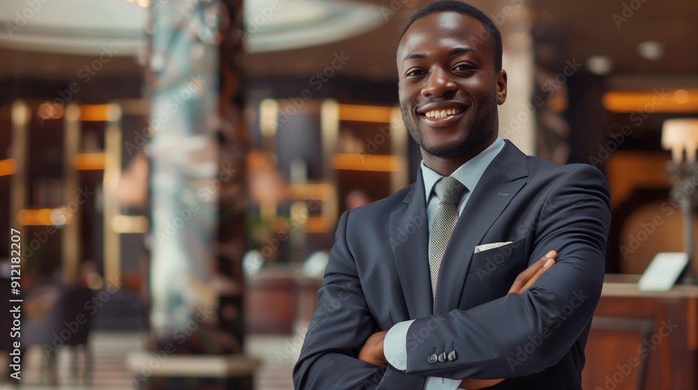 A confident African American business man in a suit, smiling warmly in a modern office setting, exuding professionalism and success. A confident African American business man in a suit, smiling warmly in a modern office setting, exuding professionalism and success.