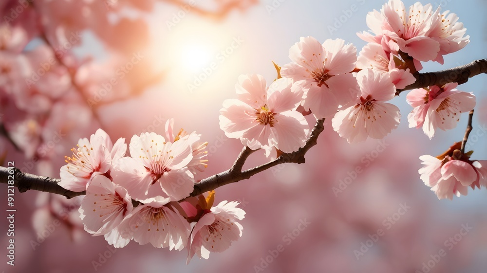 Obraz premium Horizontal banner with sakura flowers of pink color on sunny backdrop. Beautiful nature spring background with a branch of blooming sakura. Sakura blossoming season in Japan. Generative AI 