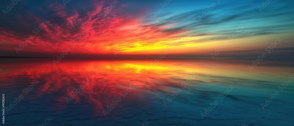 Obraz premium Stunning sunset over a calm ocean with vibrant, colorful sky reflecting on the water, creating a mesmerizing, serene scene.
