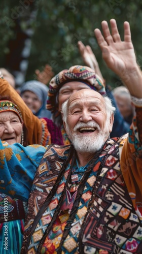 Caucasian Elderly friends taking part in a cultural festival, enjoying traditional music and dance