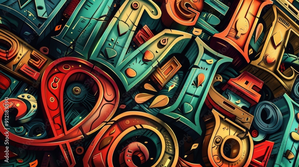Obraz premium Vibrant retro inspired abstract featuring a bold layered composition of ornamental typography geometric shapes and a dynamic textural background
