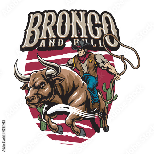 Vector Illustration of Cowboy Riding Bull with Vintage Illustration Available for Tshirt Design photo