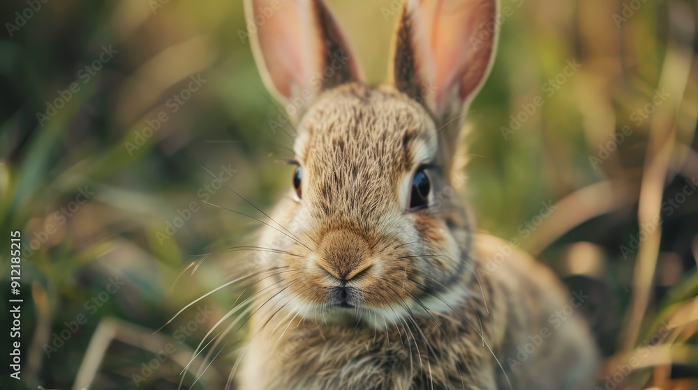 Fototapeta premium Adorable Brown Bunny Rabbit in Green Grass - A close-up portrait of a cute brown rabbit with long ears and big, curious eyes, sitting in a field of green grass. The rabbit's fur is soft and fluffy, an