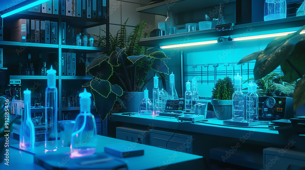 A futuristic plant research lab with bioluminescent samples and neon-lit equipment A futuristic plant research lab with bioluminescent samples and neon-lit equipment