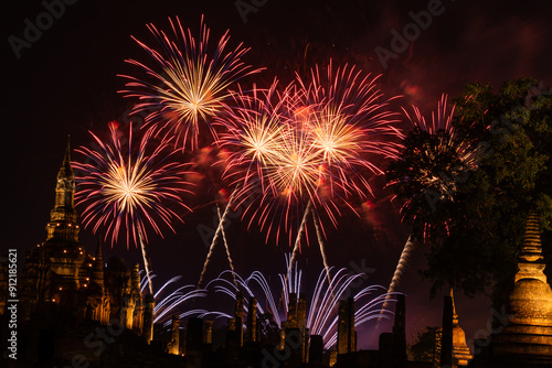 Fireworks at Sukhothai Province in the north of Thailand during the Loy Krathong Light and Candle Burning Festival and New Year