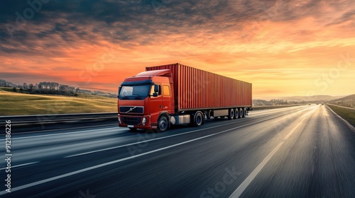 Red SemiTruck Driving on Highway at Sunset with Dramatic Sky