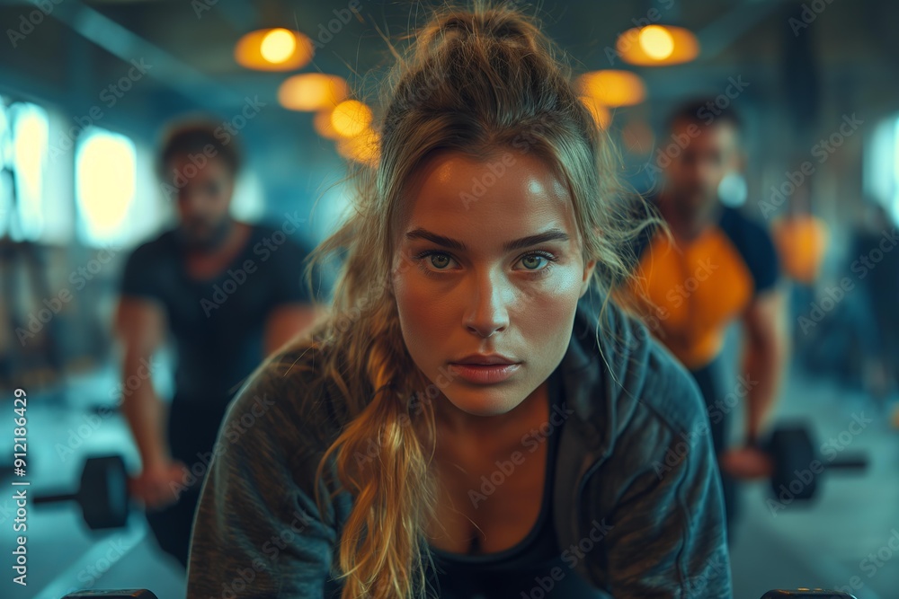 Fototapeta premium Blonde Woman Strength Training with Dumbbells in Modern Gym Amid Diverse Crowd