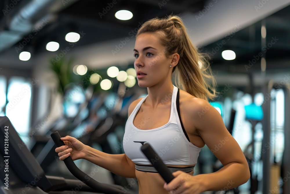 Fototapeta premium Young woman in sportswear running on a treadmill in a modern gym with blue light on the background
