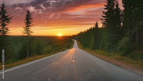 Asphalt Road Leading to a Sunset Over a Forest