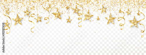 Holiday celebration background. Golden glitter stars decoration isolated.Confetti frame for Christmas, birthday, wedding invitations, party posters.Transparent background can be removed in vector file