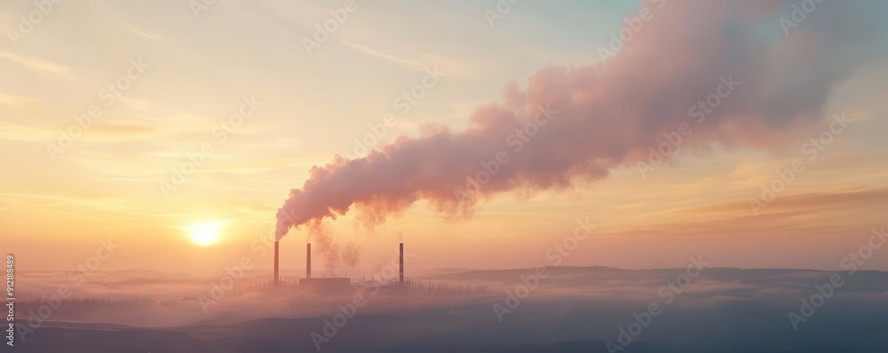 Industrial smoke plume at sunrise, against a hazy sky. Industrial smoke plume at sunrise, against a hazy sky.