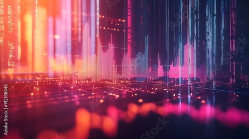 Abstract 3D Digital Cityscape with Glowing Lights and Data Lines