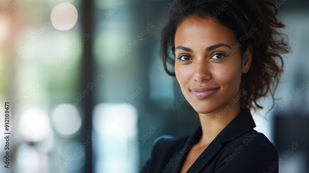 Confident Businesswoman Looking at Camera with a Warm Smile - A young, confident businesswoman with dark hair and a warm smile looks directly at the camera. She is wearing a black blazer and has a nat Confident Businesswoman Looking at Camera with a Warm Smile - A young, confident businesswoman with dark hair and a warm smile looks directly at the camera. She is wearing a black blazer and has a nat
