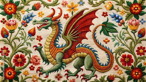 A Tapestry of Tradition: Celebrating Sant Jordi with a Floral Dragon  Generative AI photo