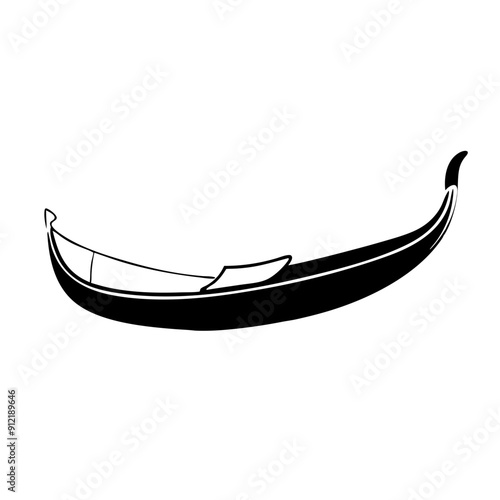 Black line art illustration of traditional gondola, canal travel, water boat, floating transport