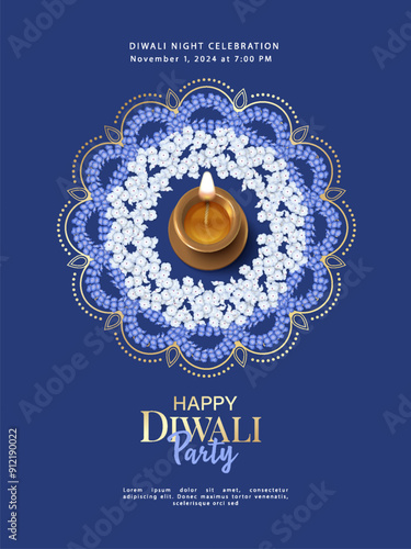 Happy Diwali Poster Template. Indian Festival background with burning diya lamp and traditional rangoli formed of flowers