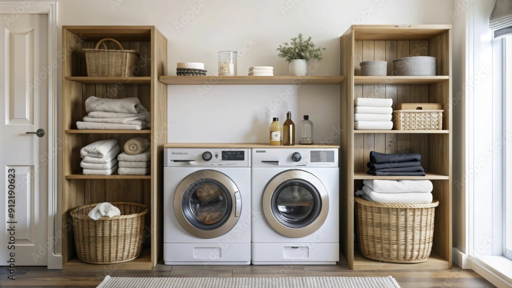 A laundry room with a clean and organized aesthetic. A laundry room with a clean and organized aesthetic.