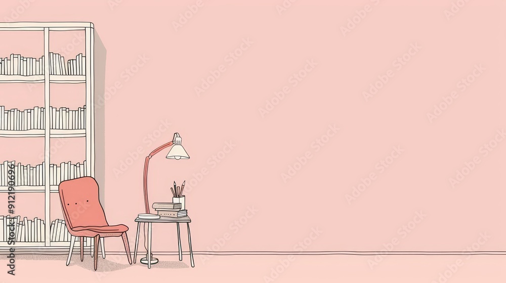 Cozy Reading Nook with Bookshelf, Chair, and Lamp - A minimalist drawing of a cozy reading nook featuring a bookshelf filled with books, a comfortable chair, and a desk lamp. This image symbolizes com Cozy Reading Nook with Bookshelf, Chair, and Lamp - A minimalist drawing of a cozy reading nook featuring a bookshelf filled with books, a comfortable chair, and a desk lamp. This image symbolizes com