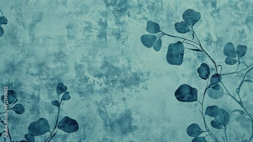 Abstract blue grunge background with plant silhouettes.