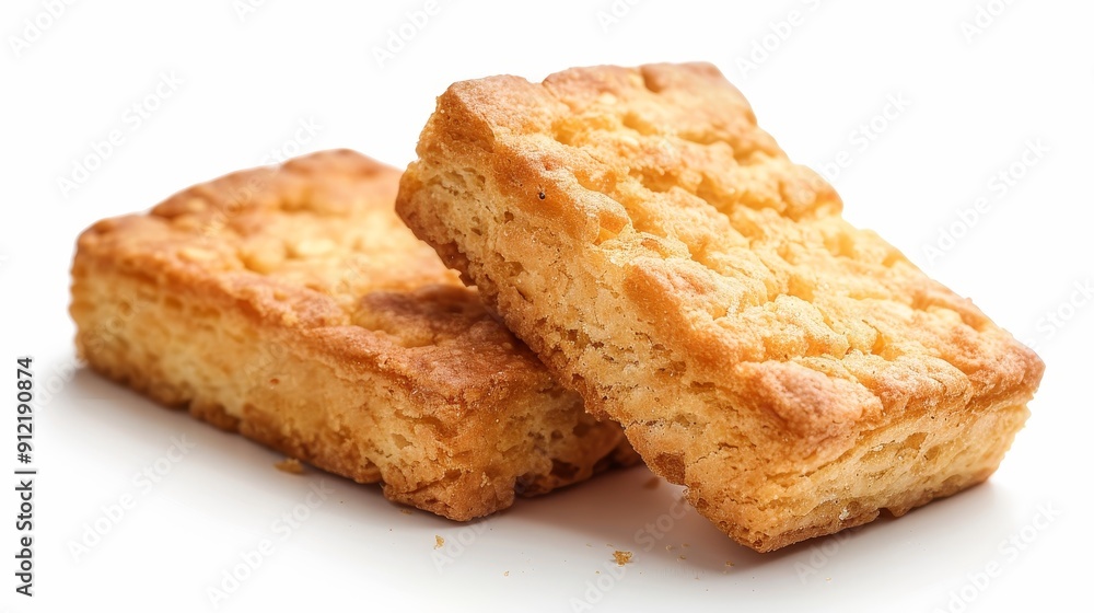 Crispy Buttery Biscuits Isolated on White Background - Two golden brown biscuits with a crispy texture, perfect for a snack or tea time. The biscuits are isolated on a white background, emphasizing th Crispy Buttery Biscuits Isolated on White Background - Two golden brown biscuits with a crispy texture, perfect for a snack or tea time. The biscuits are isolated on a white background, emphasizing th