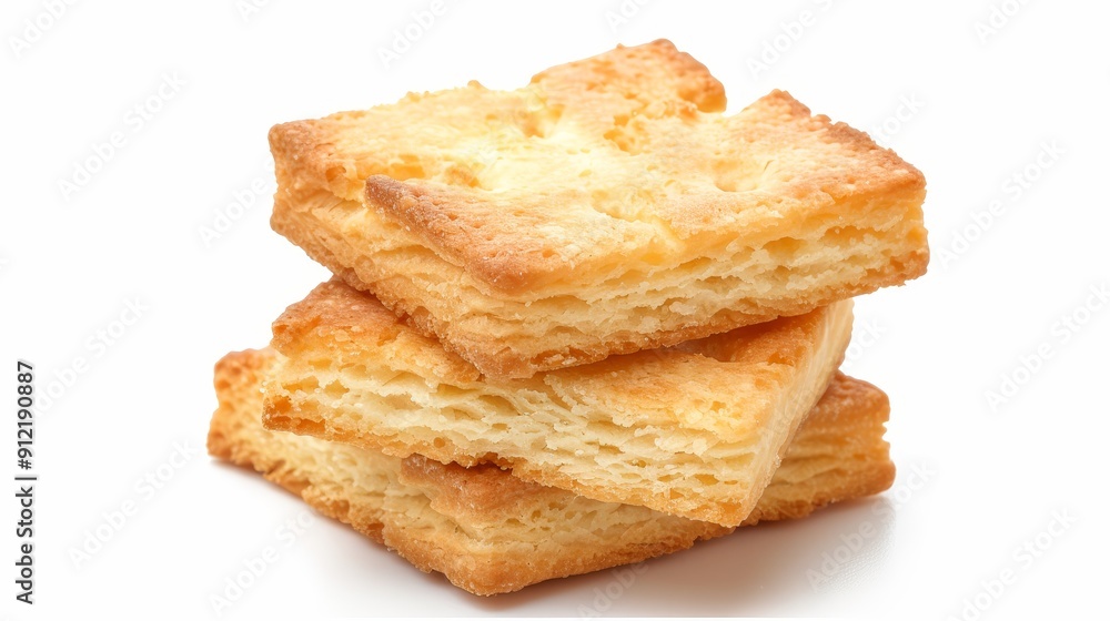 Crispy Buttery Shortbread Cookies Isolated on White Background - A stack of three golden brown shortbread cookies, representing the concepts of bakery, dessert, sweet, pastry, and snack. Crispy Buttery Shortbread Cookies Isolated on White Background - A stack of three golden brown shortbread cookies, representing the concepts of bakery, dessert, sweet, pastry, and snack.