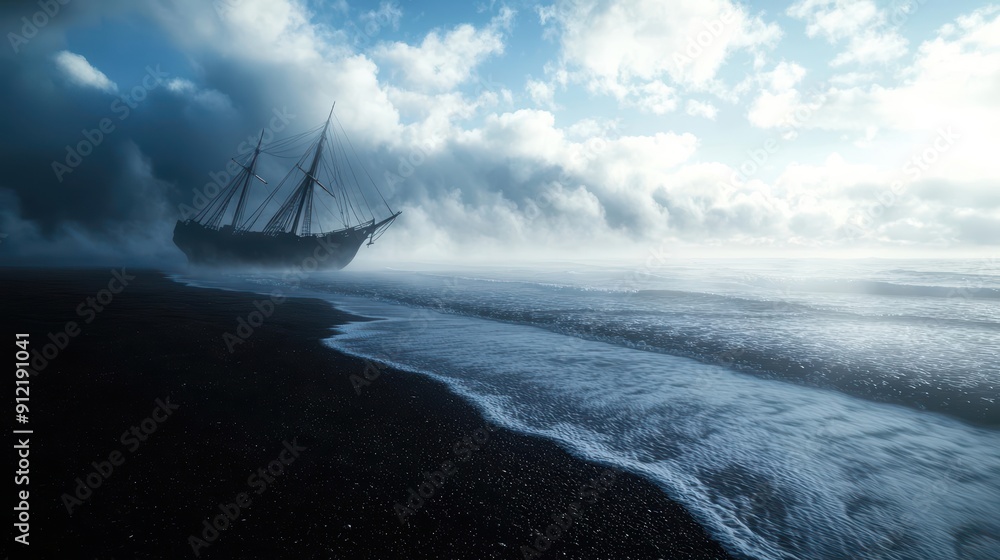 Obraz premium Silhouette of a ship on a black sand beach with crashing waves.