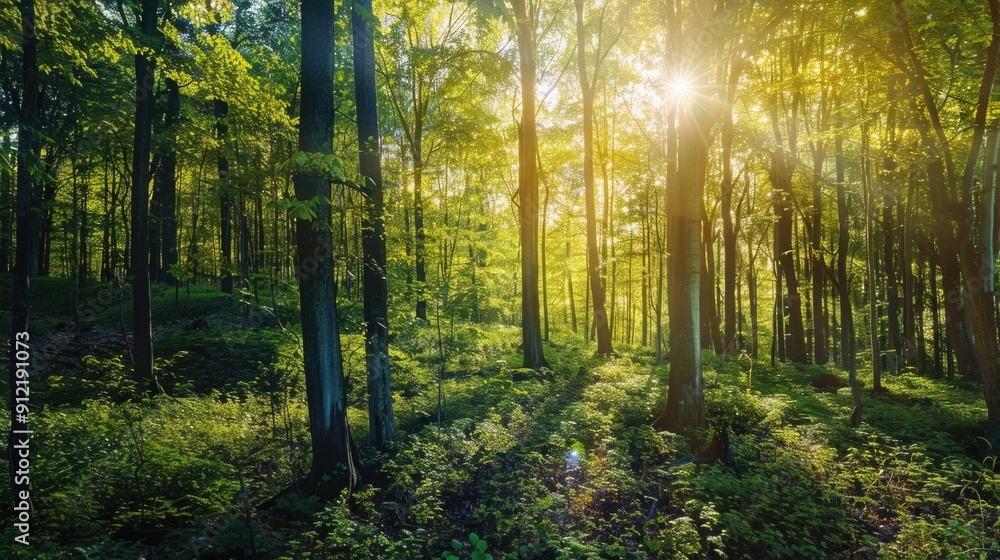 Fototapeta premium The image captures a serene scene in the woods under sunlight.