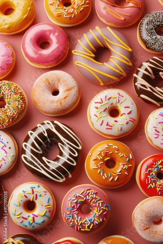 Assortment of doughnuts with different toppings and colors on pink background.