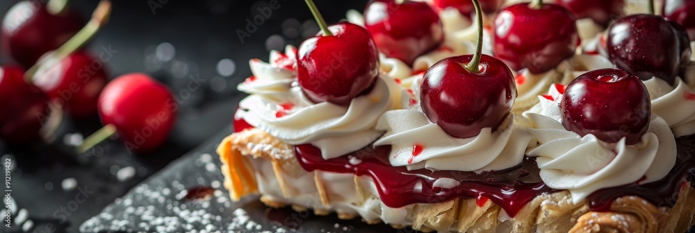 Delicious Cherry and Whipped Cream Dessert - A close-up of a delectable dessert featuring a flaky crust, rich chocolate sauce, fluffy whipped cream, and juicy red cherries. The image symbolizes sweetn Delicious Cherry and Whipped Cream Dessert - A close-up of a delectable dessert featuring a flaky crust, rich chocolate sauce, fluffy whipped cream, and juicy red cherries. The image symbolizes sweetn