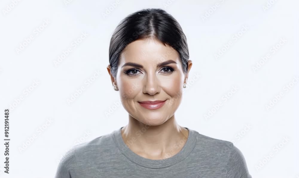 Portrait video of a French woman in her 40s wearing a casual t-shirt against a white background Portrait video of a French woman in her 40s wearing a casual t-shirt against a white background
