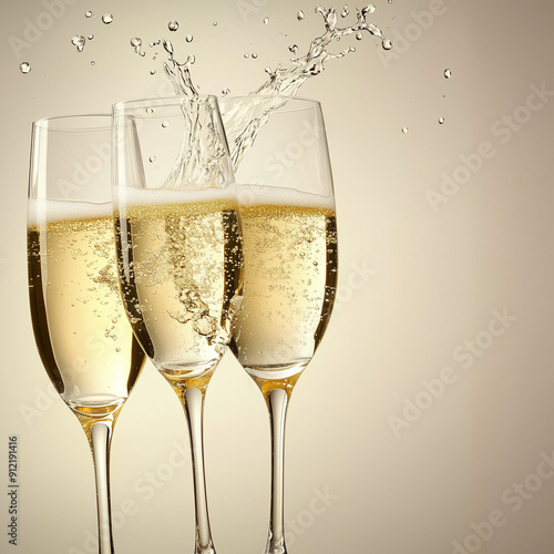 Three tall champagne glasses filled with bubbly sparkling wine, with a dramatic splash of liquid creating a lively and festive atmosphere.