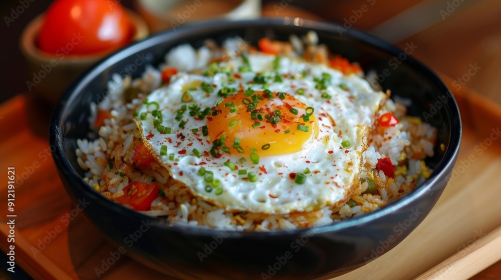 Delicious Fried Rice with Sunny-Side Up Egg - A close-up of a bowl of fried rice topped with a perfectly cooked sunny-side up egg, garnished with chopped green onions. The dish is a classic comfort fo Delicious Fried Rice with Sunny-Side Up Egg - A close-up of a bowl of fried rice topped with a perfectly cooked sunny-side up egg, garnished with chopped green onions. The dish is a classic comfort fo