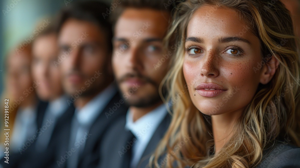 Close-up Portrait of a Beautiful Woman with a Group of People in the Background Close-up Portrait of a Beautiful Woman with a Group of People in the Background