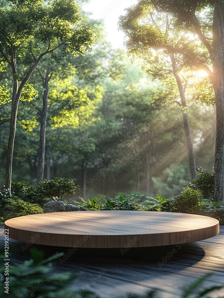 Wooden Platform in a Sunlit Forest Clearing Wooden Platform in a Sunlit Forest Clearing