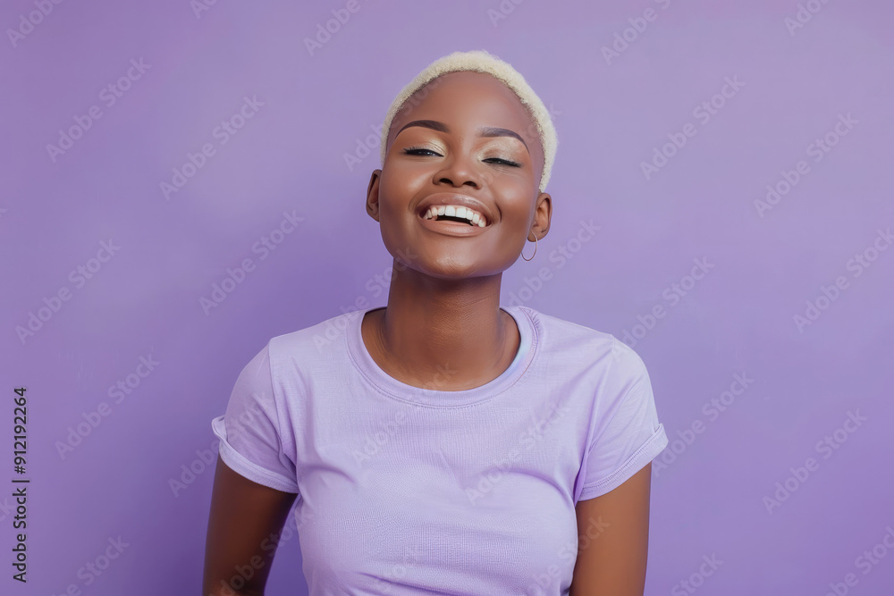 A joyful woman, gracefully posing with cropped blonde hair and a captivating smile A joyful woman, gracefully posing with cropped blonde hair and a captivating smile