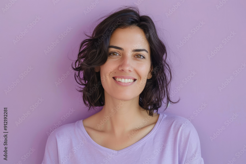 Woman with short brunette curls smiling gently against a soft purple background Woman with short brunette curls smiling gently against a soft purple background