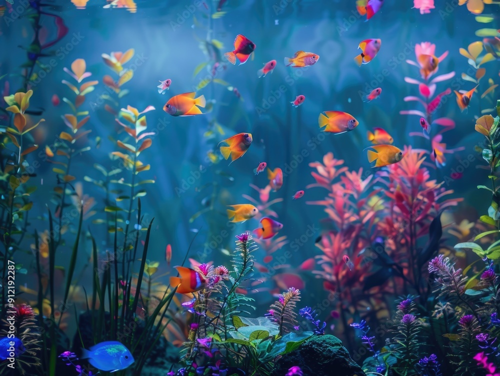 Vibrant marine life with clownfish, snapper, and various coral species in a night-time underwater scene. Vibrant marine life with clownfish, snapper, and various coral species in a night-time underwater scene.