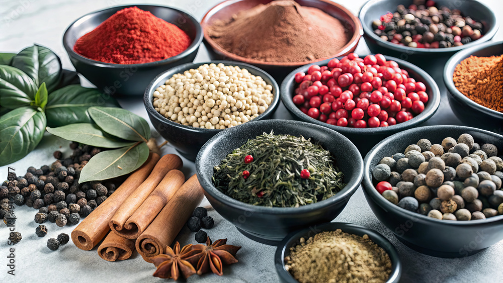 A variety of spices showcased in bowls arranged neatly on a kitchen counter, illuminated by natural sunlight A variety of spices showcased in bowls arranged neatly on a kitchen counter, illuminated by natural sunlight