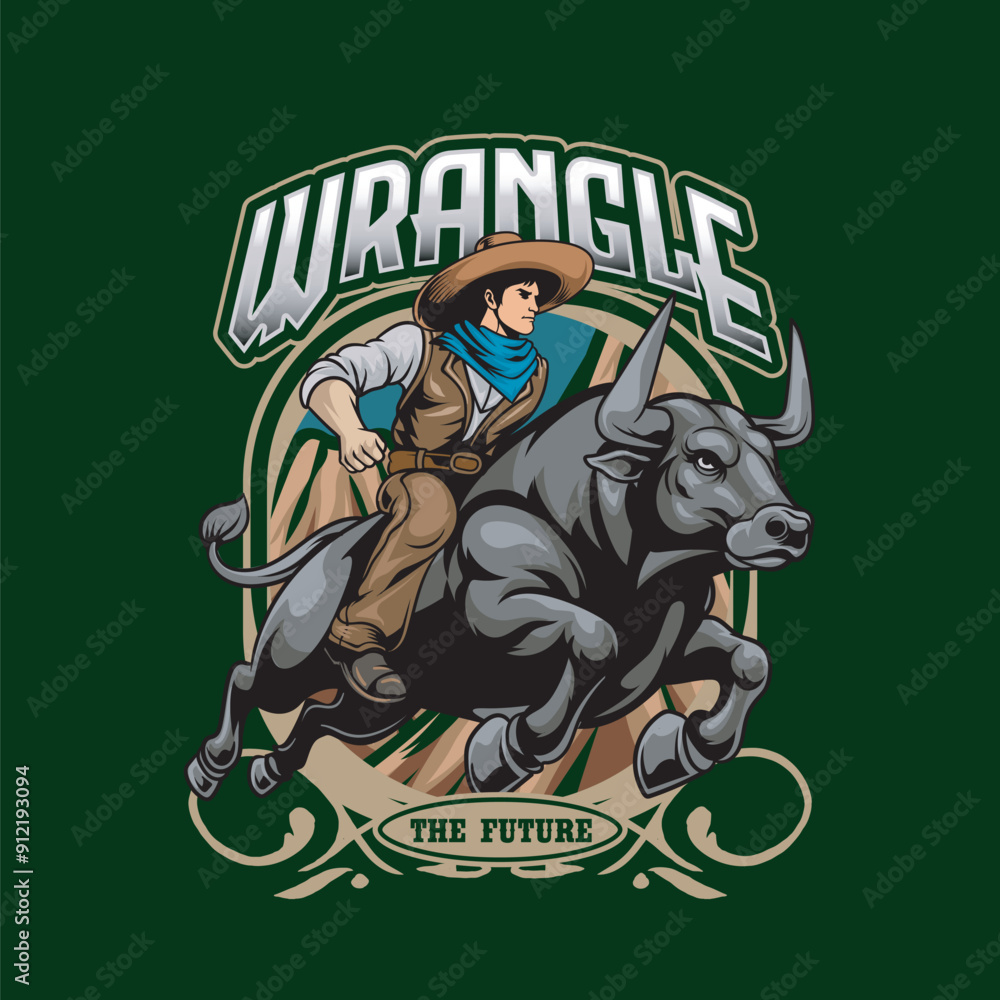 Obraz premium Vector Illustration of Cowboy Riding Bull with Vintage Illustration Available for Tshirt Design