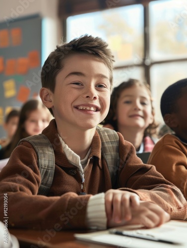 Smiling young student, happy and engaged in class.