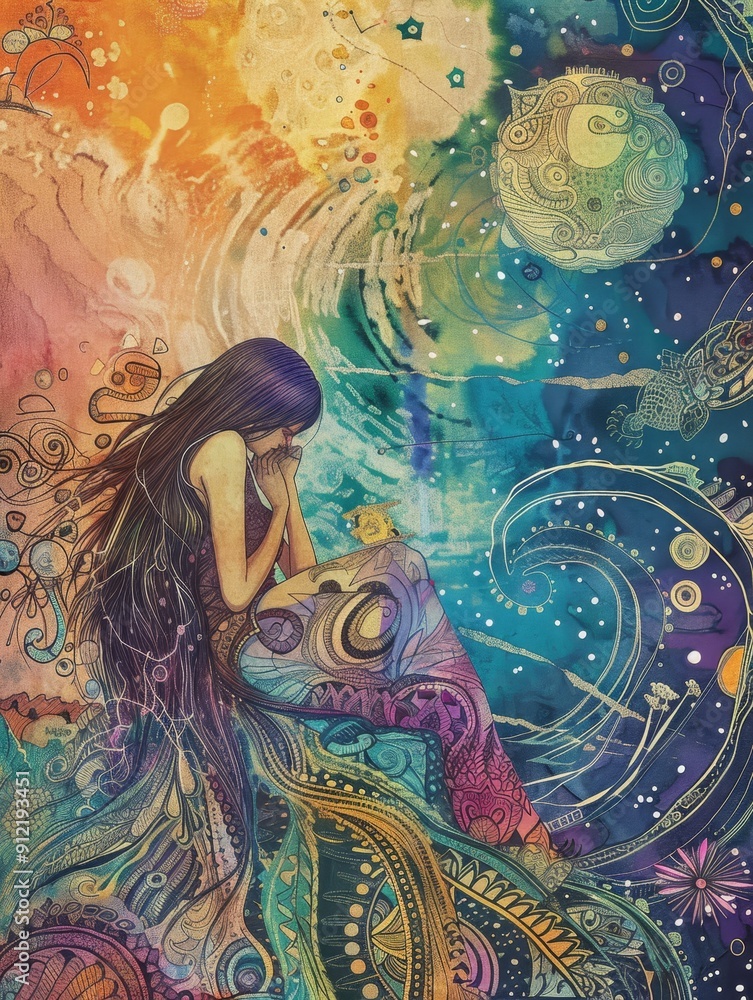 Dreamy Watercolor Mermaid with Magical Ocean Background - A mystical mermaid with flowing hair sits on a patterned seafloor surrounded by swirling ocean waters and stars, symbolizing dreams, imaginati Dreamy Watercolor Mermaid with Magical Ocean Background - A mystical mermaid with flowing hair sits on a patterned seafloor surrounded by swirling ocean waters and stars, symbolizing dreams, imaginati